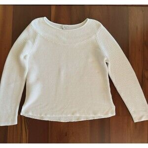 Women's Talbots Sweater Cream Ivory Ribbed Scoop Neck 100% Cotton Buttons Sz L